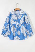 Load image into Gallery viewer, Sky Blue Floral Ricrac Trim Collared Puff Sleeve Loose Blouse