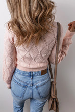 Load image into Gallery viewer, Women's Gossamer Pink Openwork Plaid Puff Sleeve Cropped Sweater