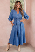 Load image into Gallery viewer, Smocked Waist Denim Midi Dress