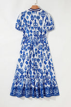 Load image into Gallery viewer, Blue Floral Puff Sleeve V-neck Maxi Dress