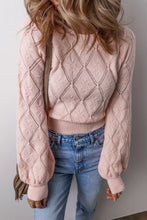 Load image into Gallery viewer, Women's Gossamer Pink Openwork Plaid Puff Sleeve Cropped Sweater