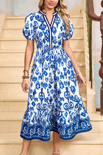 Load image into Gallery viewer, Blue Floral Puff Sleeve V-neck Maxi Dress