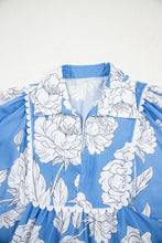 Load image into Gallery viewer, Sky Blue Floral Ricrac Trim Collared Puff Sleeve Loose Blouse