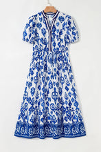 Load image into Gallery viewer, Blue Floral Puff Sleeve V-neck Maxi Dress