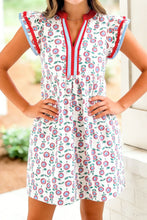 Load image into Gallery viewer, Red Contrast Striped Trim V Neck Flutter Sleeve Floral Dress
