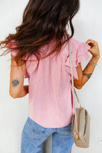 Load image into Gallery viewer, Women's Red Stripe Frilly Split Neck Double Ruffled Short Sleeve Blouse
