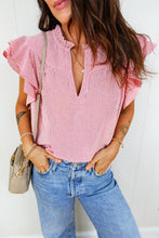 Load image into Gallery viewer, Women's Red Stripe Frilly Split Neck Double Ruffled Short Sleeve Blouse
