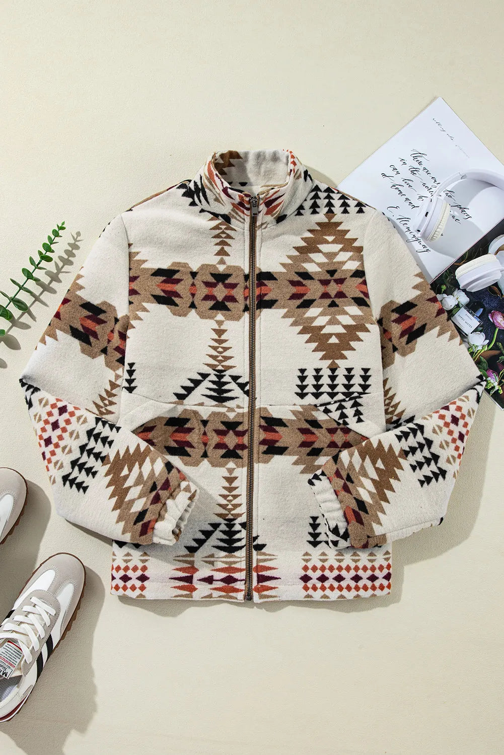 Women's Beige Aztec Printed Stand Neck Zip Up Jacket