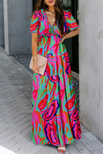 Load image into Gallery viewer, Multicolor Fiery Floral Print Frilled V Neck Short Sleeve Maxi Dress
