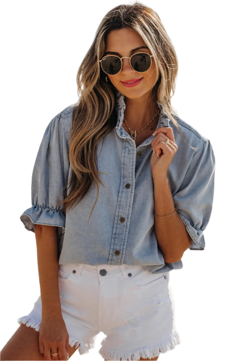 Blue Ruffle Sleeve Summer Chambray Top