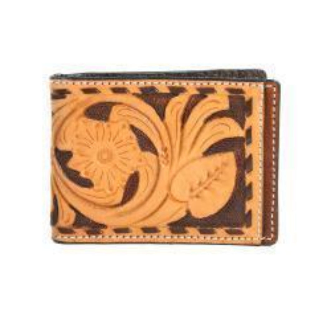 3D Western Men's  Bifold Leather Tooled Buck Laced Tan Wallet