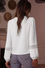 Load image into Gallery viewer, White Solid Color Floral Guipure Lace Patchwork Frilled Long Sleeve Blouse

