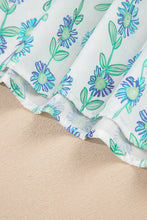 Load image into Gallery viewer, Green Floral Print Stripe-Detailed Contrast V-Neck Blouse
