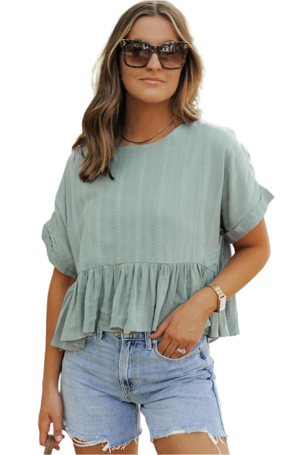 Green Ruffled Hem Short Sleeve Blouse