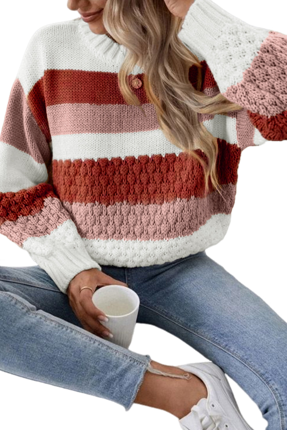 Red Stripe Cable Knit Women's Sweater
