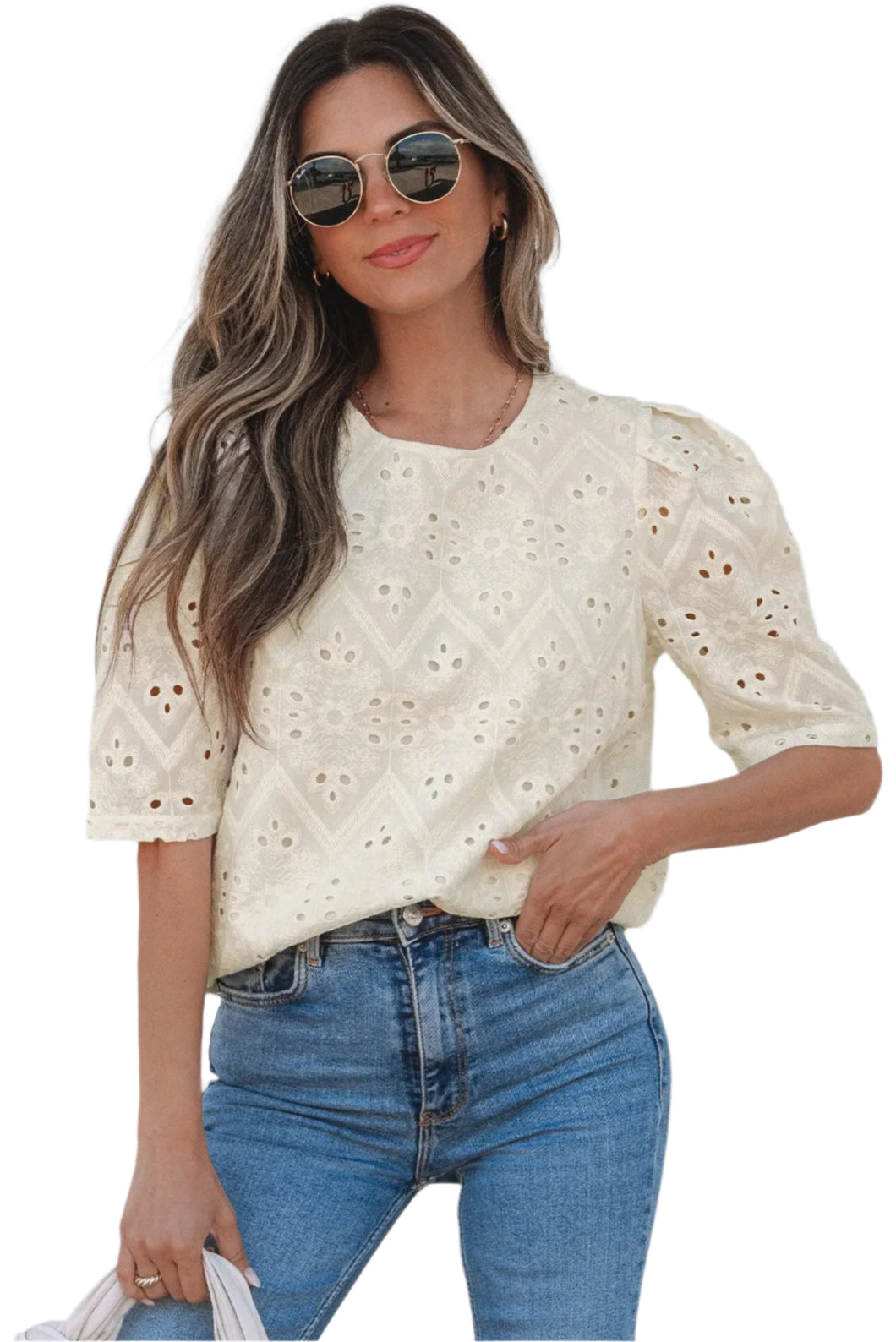 Beige Eyelet Embroidered Half Sleeve Casual Blouse