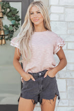 Load image into Gallery viewer, Light Pink Twilled Print Lace Trim Ruffled Short Sleeve Blouse
