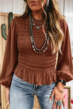Load image into Gallery viewer, Coffee Smocked Ruffle Long Sleeve Blouse
