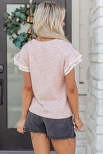 Load image into Gallery viewer, Light Pink Twilled Print Lace Trim Ruffled Short Sleeve Blouse
