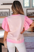 Load image into Gallery viewer, Women's Pink Stripe Ruffled Short Sleeve Patchwork Blouse
