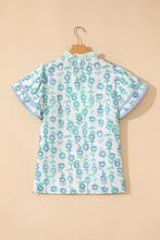 Load image into Gallery viewer, Green Floral Print Stripe-Detailed Contrast V-Neck Blouse
