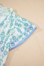 Load image into Gallery viewer, Green Floral Print Stripe-Detailed Contrast V-Neck Blouse
