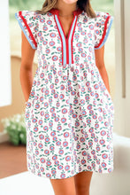 Load image into Gallery viewer, Red Contrast Striped Trim V Neck Flutter Sleeve Floral Dress
