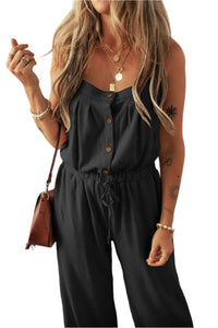 Black Button Textured Drawstring Jumpsuit