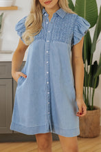 Load image into Gallery viewer, Beau Blue Flutter Sleeve Denim Mini Dress
