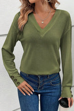 Load image into Gallery viewer, Green Textured V-Neck Button Cuff Long Sleeve Women&#39;s Tops

