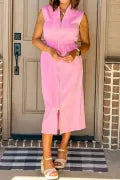 Load image into Gallery viewer, Pink V Neck Sleeveless Double Zip Shift Midi Dress
