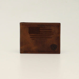 Ariat Bifold Distressed Stitch USA Flag Shield Logo Wallet