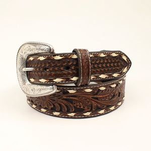 Ariat Men's Brown Floral Tooling and White Lacing Tapered Western Belt