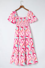 Load image into Gallery viewer, Pink Brush Stroke Printed Smocked Ruffle Dress
