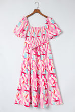 Load image into Gallery viewer, Pink Brush Stroke Printed Smocked Ruffle Dress

