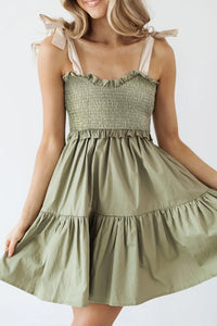 Laurel Green Smocked Bodice A-line Ruffled Mini Dress