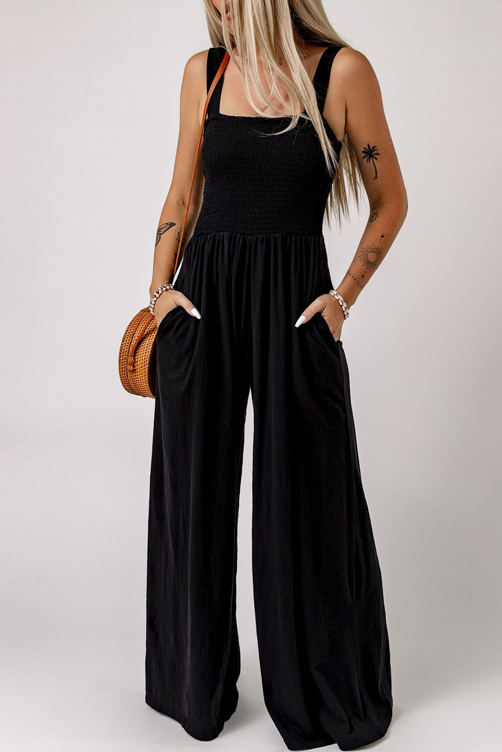 Black Smocked Sleeveless Wide Leg Jumpsuit with Pocket