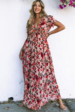 Load image into Gallery viewer, Fiery Red Floral Print Frilled V Neck Short Sleeve Maxi Dress

