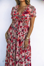 Load image into Gallery viewer, Fiery Red Floral Print Frilled V Neck Short Sleeve Maxi Dress
