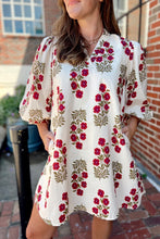 Load image into Gallery viewer, White Floral Print V Neck 3/4 Sleeve Loose Mini Dress
