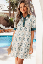 Load image into Gallery viewer, Blue Geometric Floral Print Lace Trim Collared Short Sleeve Mini Dress
