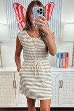 Load image into Gallery viewer, Beige Stripe Drawstring Tunic Tank Mini Dress with Pockets
