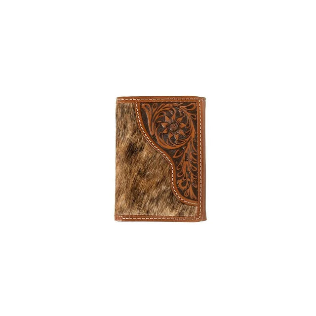 Nocona Western Wallet Mens Trifold Calf Hair Tooled Brown