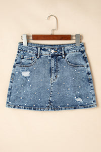 Dusk Blue Rhinestone Distressed Denim Mini Skirt