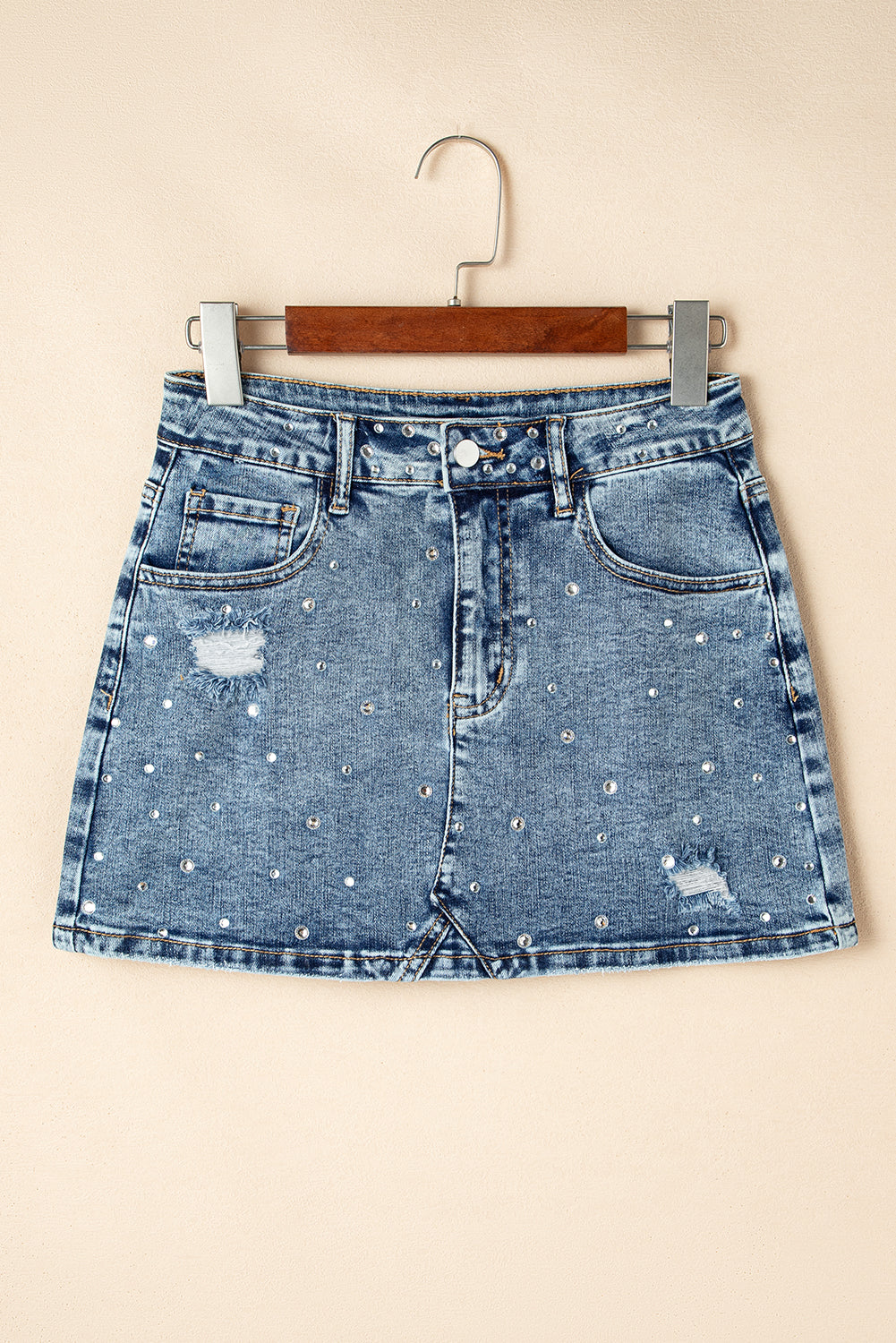 Dusk Blue Rhinestone Distressed Denim Mini Skirt