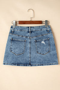 Dusk Blue Rhinestone Distressed Denim Mini Skirt