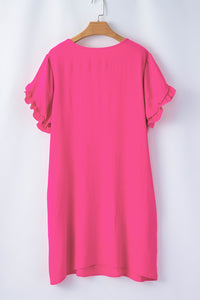 Strawberry Pink Ruffled Sleeve Plus Size Mini Dress