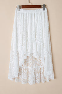 White Lace Ruffled High-Low Hem Midi Skirt
