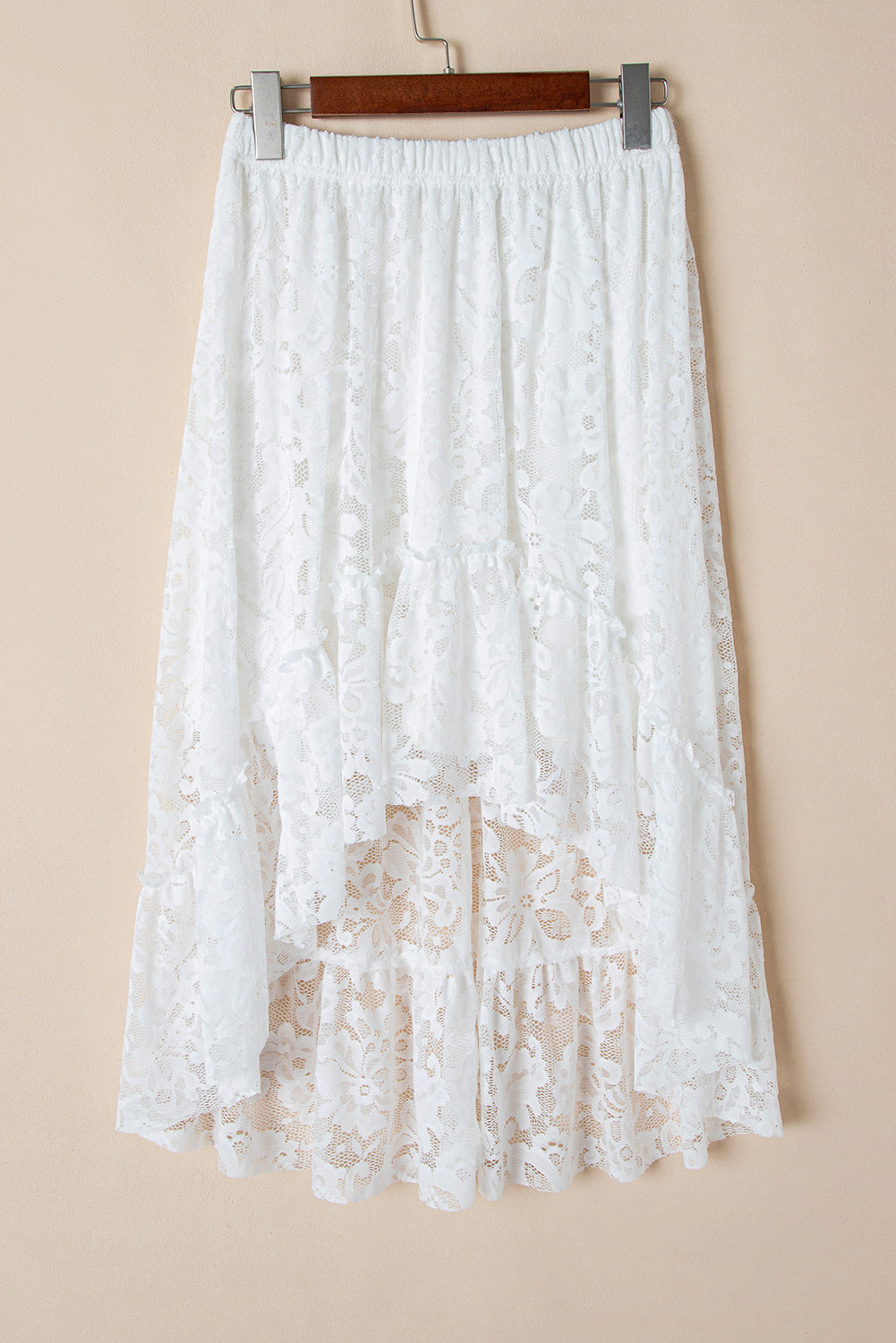 White Lace Ruffled High-Low Hem Midi Skirt