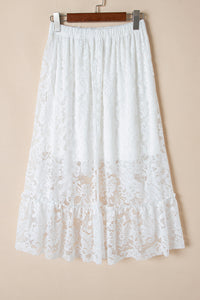 White Lace Ruffled High-Low Hem Midi Skirt